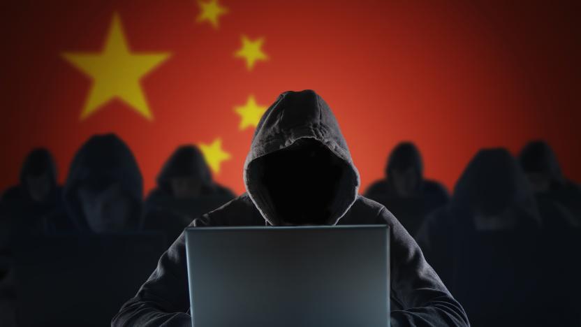 Many chinese hackers in troll farm. Privacy and security concept.