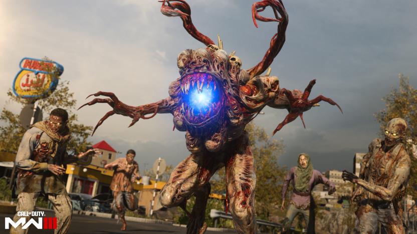 A giant mutated enemy and some humanoid zombies in Call of Duty: Modern Warfare III's Zombies mode.