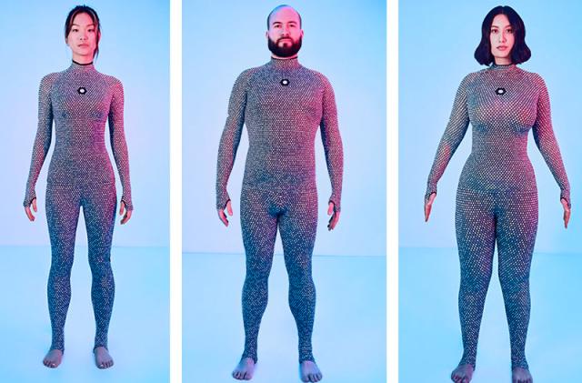 Picture of four people with different body shapes wearing the Zozofit Zozosuit, used for making quick 3D scans of your body.