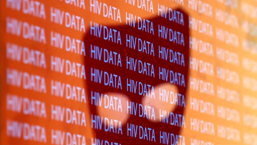 The Grindr logo is reflected on "HIV Data" text in this picture illustration taken May 20, 2019. REUTERS/Dado Ruvic/Illustration