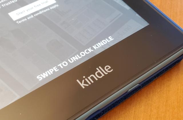 Close-up of logo for Amazon Kindle on Kindle Ebook reader, Lafayette, California, September 30, 2021. (Photo by Smith Collection/Gado/Getty Images)