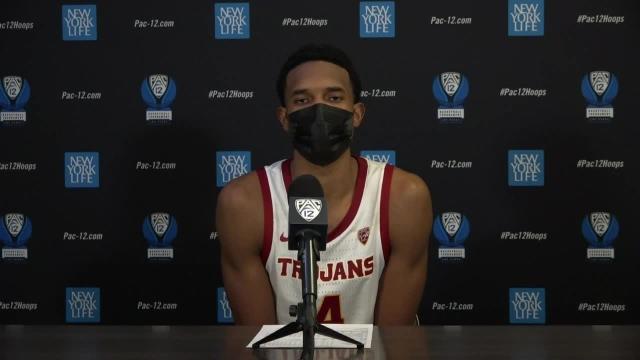 Evan Mobley addresses the media following USC's victory in the quarterfinals of the 2021 Pac-12 Men's Basketball Tournament