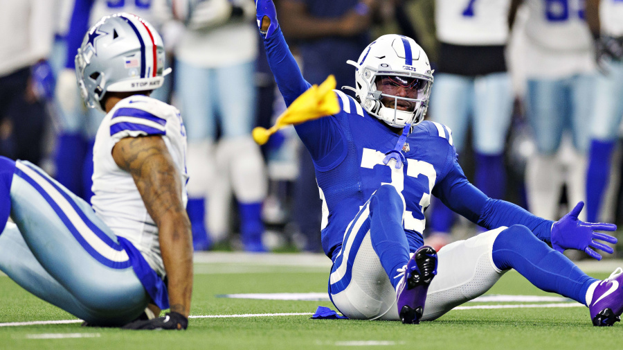 Getty Images - ARLINGTON, TEXAS - DECEMBER 4:  Dallis Flowers #33 of the Indianapolis Colts yells for a flag after being hit by Kelvin Joseph #1 of the Dallas Cowboys at AT&T Stadium on December 4, 2022 in Arlington, Texas. The Cowboys defeated the Colts 54-19. (Photo by Wesley Hitt/Getty Images)