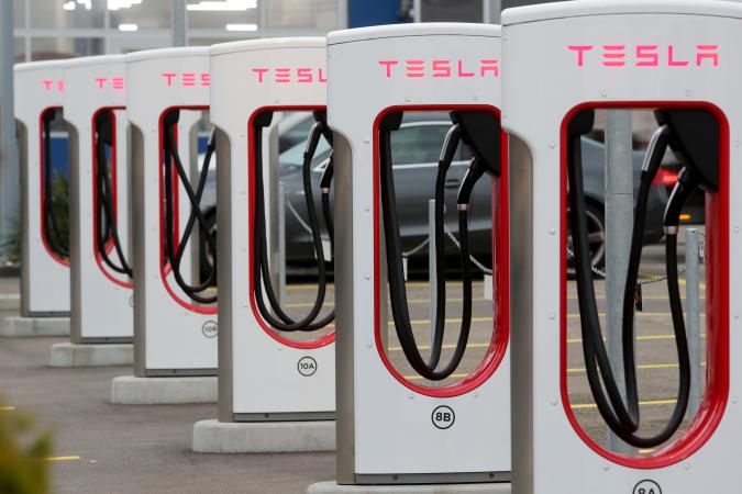 A Tesla Supercharger station is seen in Dietikon, Switzerland October 21, 2020. REUTERS/Arnd Wiegmann
