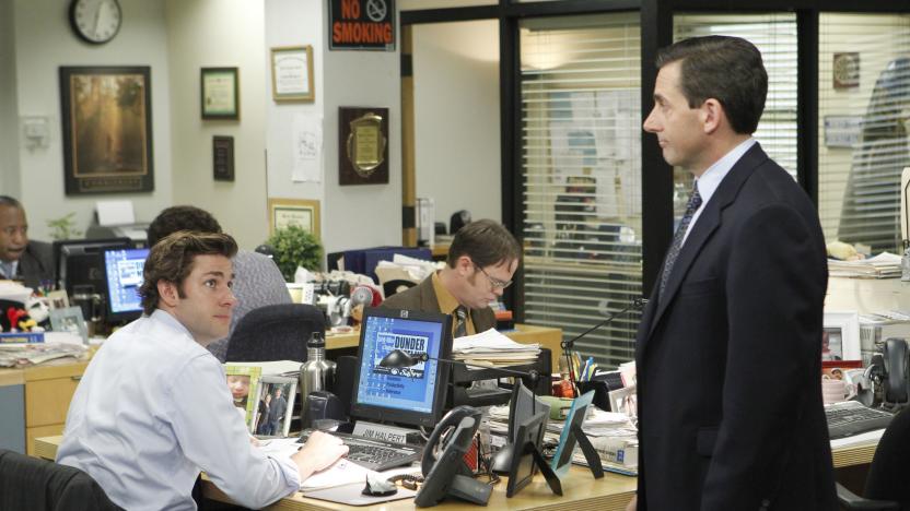 THE OFFICE -- "Goodbye Michale, Part 2" Episode 722 -- Pictured: (l-r) John Krasinski as Jim Halpert, Rainn Wilson as Dwight Schrute, Steve Carell as Michael Scott  (Photo by Chris Haston/NBCU Photo Bank/NBCUniversal via Getty Images via Getty Images)