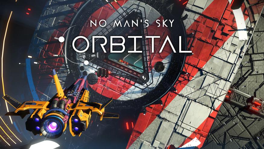 Title art for the No Man’s Sky: Orbital update. View from behind of a yellow ship approaching the entrance to a largely red and white space station.