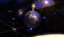 An artist's depiction of solar arrays wirelessly beaming power to Earth. 