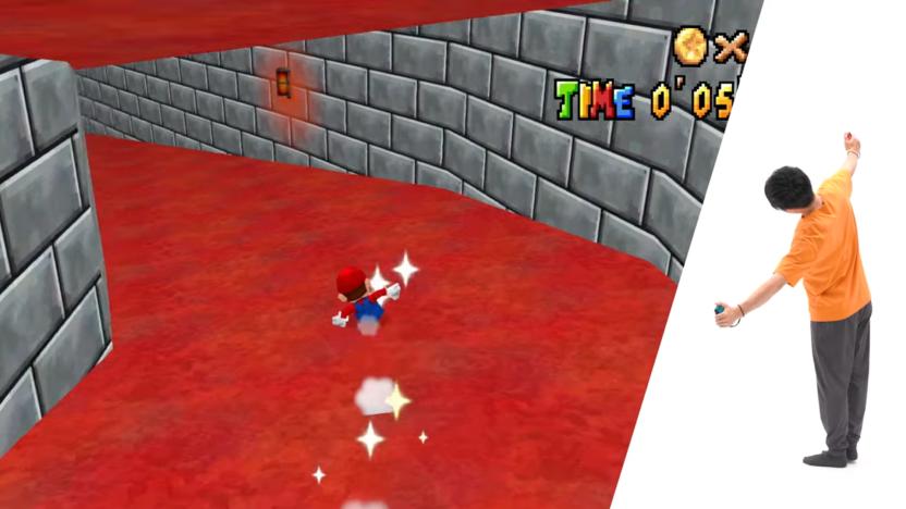 A player tilts their body to control Mario, who is sliding down a ramp inside a castle in WarioWare: Move It.