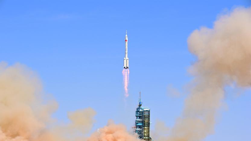 The Long March-2F carrier rocket, carrying the Shenzhou-14 spacecraft and three astronauts, takes off from Jiuquan Satellite Launch Center for a crewed mission to build China's space station, near Jiuquan, Gansu province, China June 5, 2022. cnsphoto via REUTERS   ATTENTION EDITORS - THIS IMAGE WAS PROVIDED BY A THIRD PARTY. CHINA OUT.