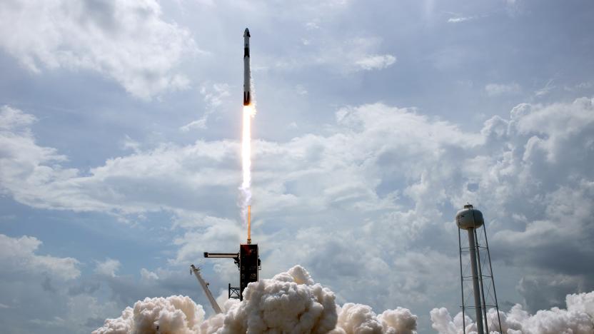 CAPE CANAVERAL, FLORIDA - MAY 30: In this NASA handout image, A SpaceX Falcon 9 rocket carrying the company's Crew Dragon spacecraft is launched from Launch Complex 39A on NASAs SpaceX Demo-2 mission to the International Space Station with NASA astronauts Robert Behnken and Douglas Hurley onboard, Saturday, May 30, 2020, at NASAs Kennedy Space Center in Florida. The Demo-2 mission is the first launch with astronauts of the SpaceX Crew Dragon spacecraft and Falcon 9 rocket to the International Space Station as part of the agencys Commercial Crew Program. The test flight serves as an end-to-end demonstration of SpaceXs crew transportation system. Behnken and Hurley launched at 3:22 p.m. EDT on Saturday, May 30, from Launch Complex 39A at the Kennedy Space Center. A new era of human spaceflight is set to begin as American astronauts once again launch on an American rocket from American soil to low-Earth orbit for the first time since the conclusion of the Space Shuttle Program in 2011.   (Photo by Bill Ingalls/NASA via Getty Images)