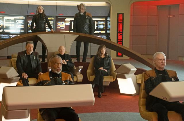 LeVar Burton as Geordi La Forge, Brent Spiner as Data, Gates McFadden as Dr. Beverly Crusher, Michael Dorn as Worf, Marina Sirtis as Deanna Troi, Jonathan Frakes as Will Riker and Patrick Stewart as Picard in "The Last Generation" Episode 310, Star Trek: Picard on Paramount+.  