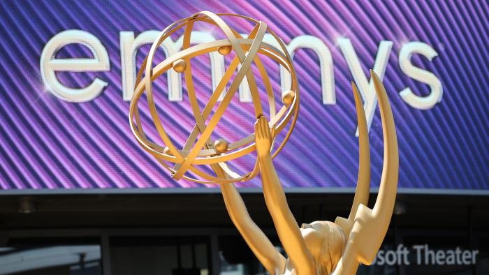 LOS ANGELES, CA - September 12, 2022 - A replica of an Emmy statuette sits on display at the 74th Primetime Emmy Awards at the Microsoft Theater on Monday, September 12, 2022 (Robert Gauthier/ Los Angeles Times via Getty Images)