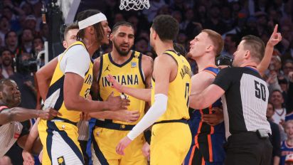 Reuters - May 14, 2024; New York, New York, USA; Indiana Pacers center Myles Turner (33) argues with New York Knicks guard Donte DiVincenzo (0) during the second half during game five of the second round for the 2024 NBA playoffs at Madison Square Garden. Mandatory Credit: Vincent Carchietta-USA TODAY Sports