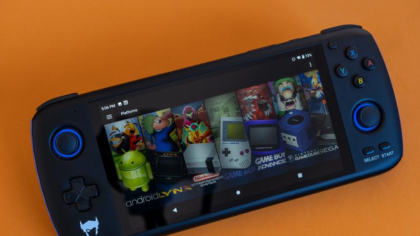 The Odin retro handheld by Ayn is pictured with Launchbox retro game launcher on screen.