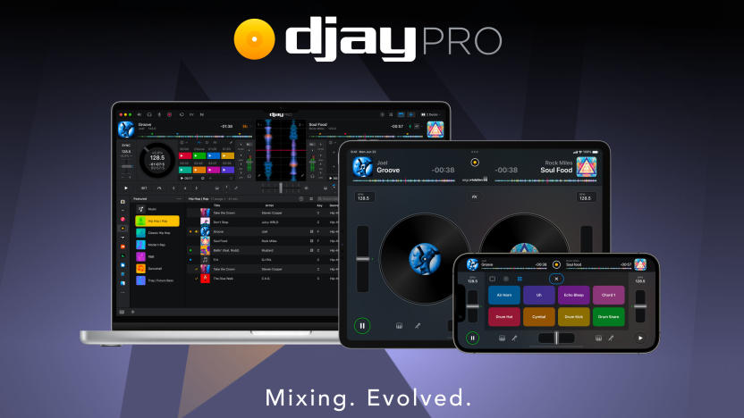 A promotional image for djay Pro 5 showing a MacBook, iPad and iPhone running djay Pro, with the tagline Mixing. Evolved at the bottom.