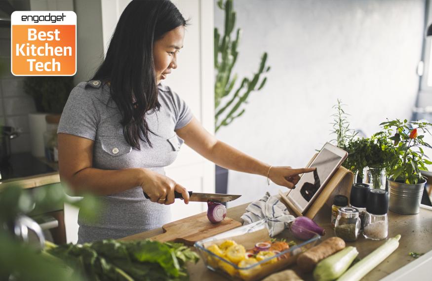 Asian women at home making healthy meal, with Engadget Best Kitchen Tech badge in top left corner. 