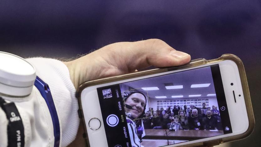 BAIKONUR, KAZAKHSTAN  MARCH 21, 2018: ISS Expedition 55/56 main crew member, Roscosmos cosmonaut Oleg Artemyev takes a selfie before a launch to the International Space Station. The launch of a Soyuz-FG rocket booster carrying the Soyuz MS-08 spacecraft to the ISS from the Baikonur Cosmodrome is scheduled for March 21, 2018 at 20:44 Moscow time. Sergei Savostyanov/TASS (Photo by Sergei Savostyanov\TASS via Getty Images)