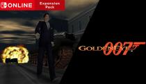 A screenshot of GoldenEye 007 showing James Bond walking toward the camera with an explosion in the distance. The GoldenEye 007 and Nintendo Switch Online + Expansion Pack logos are displayed.