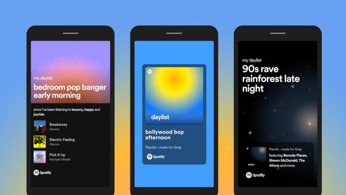 Three phone screens with music playlists.