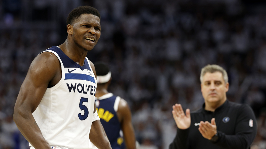 Getty Images - MINNEAPOLIS, MINNESOTA - MAY 12: Anthony Edwards #5 of the Minnesota Timberwolves reacts during the second quarter against the Denver Nuggets in Game Four of the Western Conference Second Round Playoffs at Target Center on May 12, 2024 in Minneapolis, Minnesota. NOTE TO USER: User expressly acknowledges and agrees that, by downloading and or using this photograph, User is consenting to the terms and conditions of the Getty Images License Agreement. (Photo by David Berding/Getty Images)