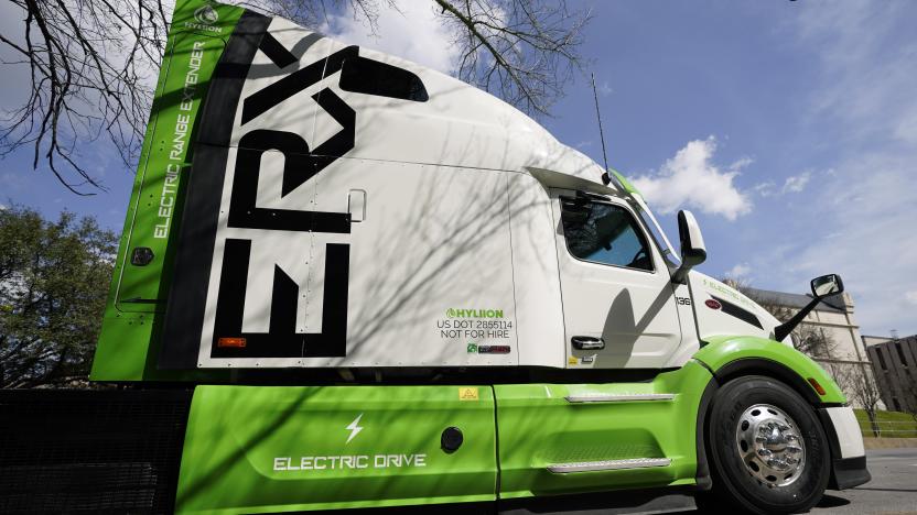 An electric Hyliion tractor trailer is seen on display in Austin, Texas, Wednesday, Feb. 22, 2023. (AP Photo/Eric Gay)