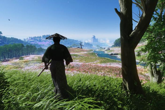 A still from the game Ghost of Tsushima showing a person from behind looking out at a vast landscape