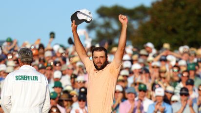 Getty Images - AUGUSTA, GEORGIA - APRIL 14: Scottie Scheffler of the United States celebrates on the 18th green after winning the 2024 Masters Tournament at Augusta National Golf Club on April 14, 2024 in Augusta, Georgia. (Photo by Andrew Redington/Getty Images)