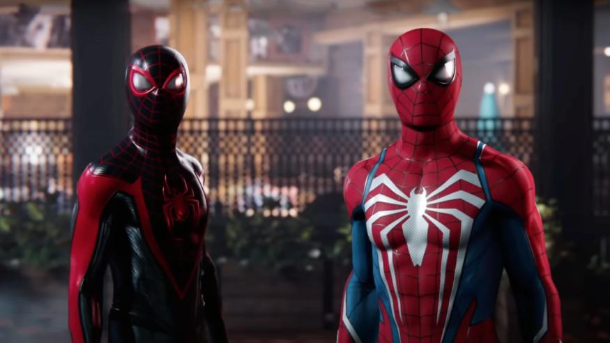 Trailer still from 'Marvel's Spider-Man 2,' showing Miles Morales and Peter Parker dressed in their Spider-Man costumes.