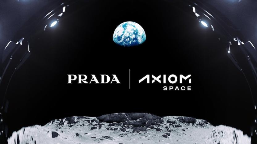 A view from the moon of Earth with the words "Prada" and "Axiom Space."