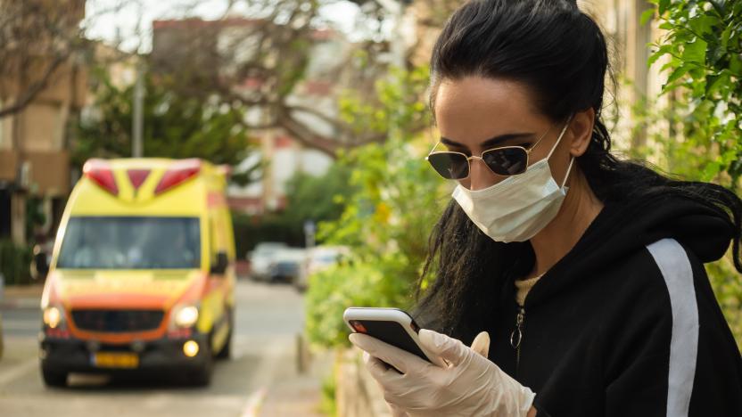 Anti-virus concept. Woman wearing Mask and Glasses Waiting for Ambulance. Copy Space