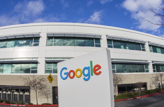 February 4, 2018 - Kirkland, WA, USA: A Google sign near a Seattle area campus building on a cloudy day