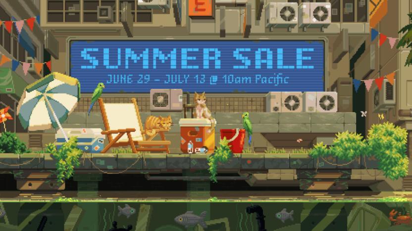 Key art for the Steam Summer Sale, featuring a pixelated scene with cats. text: "Summer Sale. June 29 to July 13 at 10am Pacific."