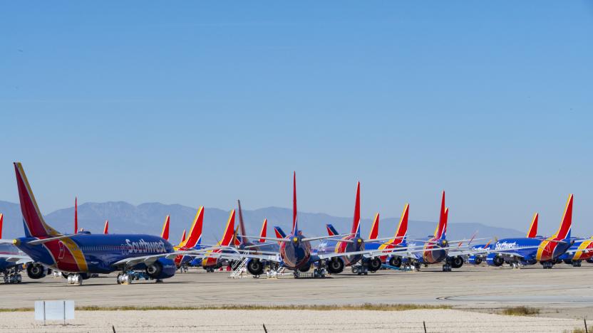 Grounded Boeing 737 MAX 8 aircraft fleet of Southwest Airlines in storage at Victorville, CA. on May 4, 2019