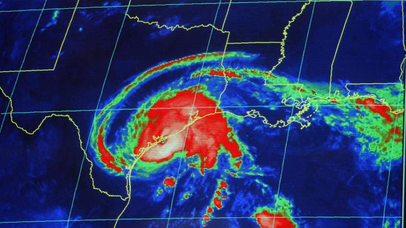 MIAMI - JULY 15: A radar image of Hurricane Claudette is seen as it nears landfall in Texas at the National Hurricane Center July 15, 2003 in Miami. Claudette was lashing the coast of Texas with heavy wind and rain. Winds of 75 miles per hour accompanied the storm's center in the Gulf of Mexico 125 miles east of Corpus Christi, Texas. (Photo by Joe Raedle/Getty Images)