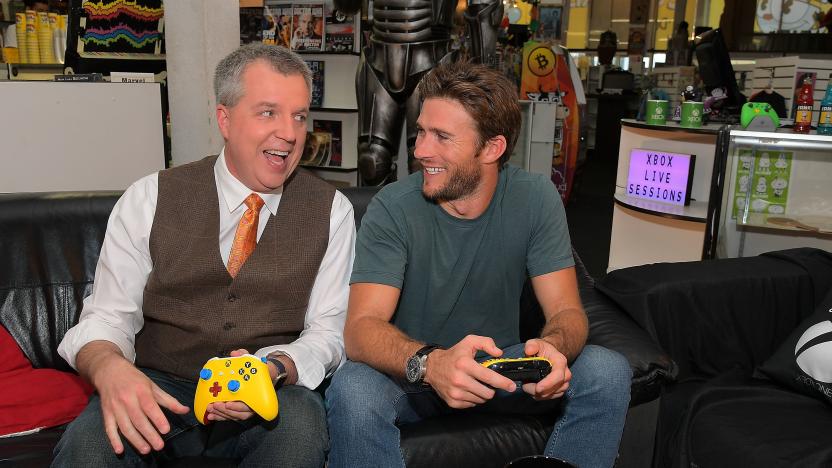 LOS ANGELES, CA - SEPTEMBER 29:  Larry Hyrb XBox Live's Major Nelson (L) and Scott Eastwood participate in Xbox Live Sessions With Scott Eastwood For Cuphead on Mixer.com/xbox at Meltdown Comics and Collectibles on September 29, 2017 in Los Angeles, California.  (Photo by Charley Gallay/Getty Images for Xbox Live )