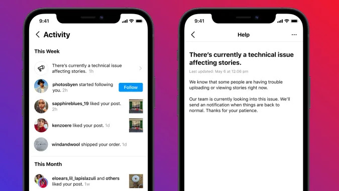 Um exemplo de notificação do Instagram dizendo "atualmente há um problema técnico afetando as histórias."