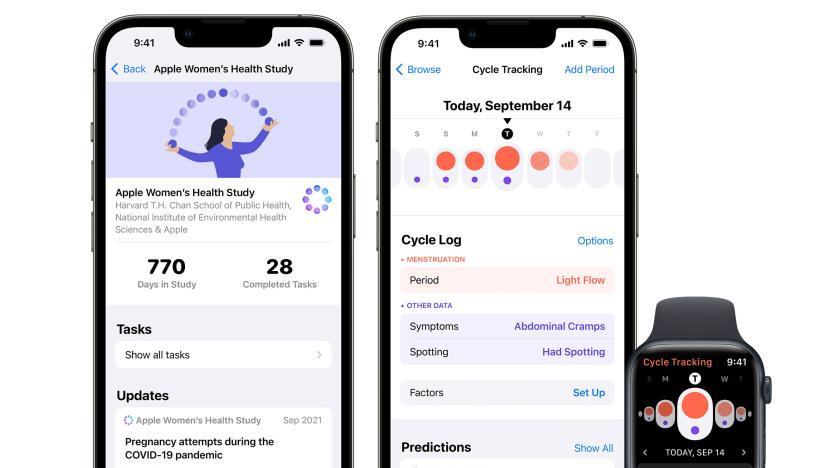 Two iPhones and an Apple Watch. The first iPhone shows a screenshot of the Apple Women's Health Study while the second iPhone and the Watch have a screenshot of the cycle tracking page on their screens.