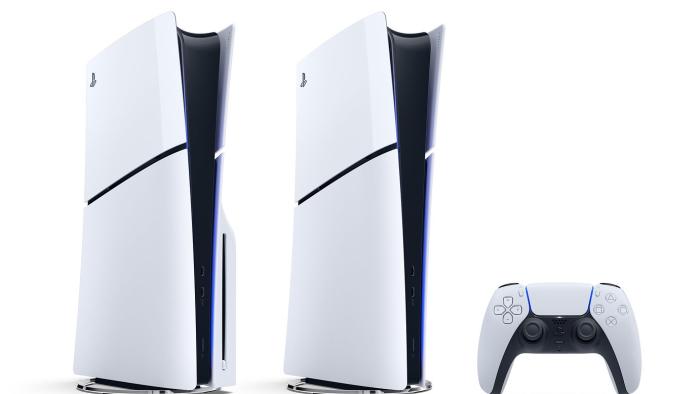 PS5 Slim disc drive and digital edition, along with the DualSense controller.