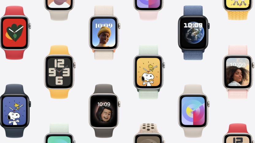 Apple Watches of different colors displayed in a grid layout