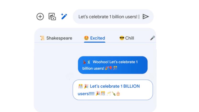 Google Messages screenshot reading "let's celebrate 1 billion users" with blue chat bubbles.