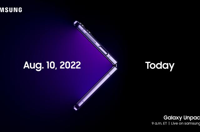 Samsung's invitation to its Galaxy Unpacked event. The image features the profile of a foldable phone, with the words "Aug. 10, 2022" on the left and "Today" on the right. At the bottom right corner, in small font, are the words "Galaxy Unpacked. 9am ET | Live on samsung.com"