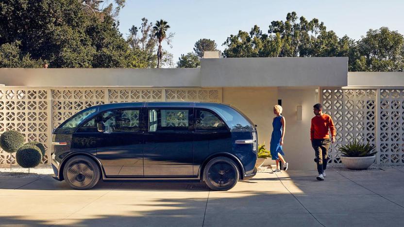 The Canoo 'Lifestyle Vehicle' parked in a home driveway.