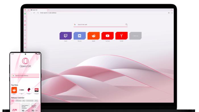 A laptop and a phone showing the Opera GX browser.