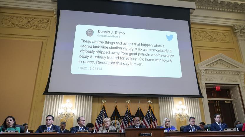 WASHINGTON, DC - JUNE 09: A tweet by former President Donald Trump is seen on a screen during a hearing held by the Select Committee to Investigate the January 6th Attack on the U.S. Capitol on June 09, 2022 on Capitol Hill in Washington, DC. The bipartisan committee, which has been gathering evidence related to the January 6 attack at the U.S. Capitol for almost a year, will present its findings in a series of televised hearings. On January 6, 2021, supporters of President Donald Trump attacked the U.S. Capitol Building during an attempt to disrupt a congressional vote to confirm the electoral college win for Joe Biden. (Photo by Drew Angerer/Getty Images)