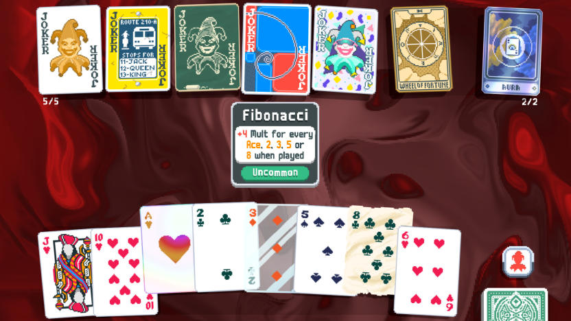 A hand of playing cards and several joker variants in the video game Balatro.