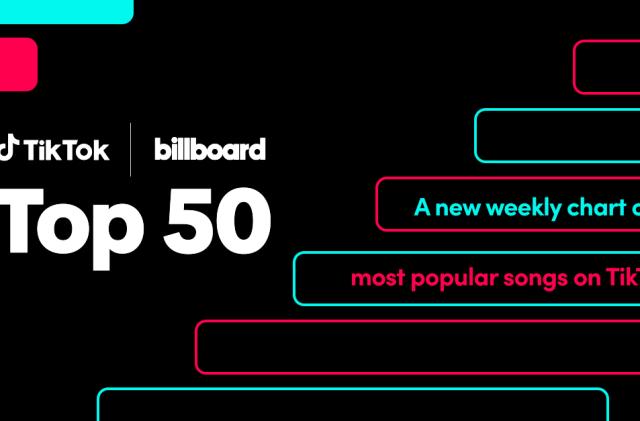 Promotional image for the new TikTok Billboard Top 50 chart. Black background, it says "Top 50" with the TikTok and Billboard logos above. On the right: "A new weekly chart of the most popular songs on TikTok."