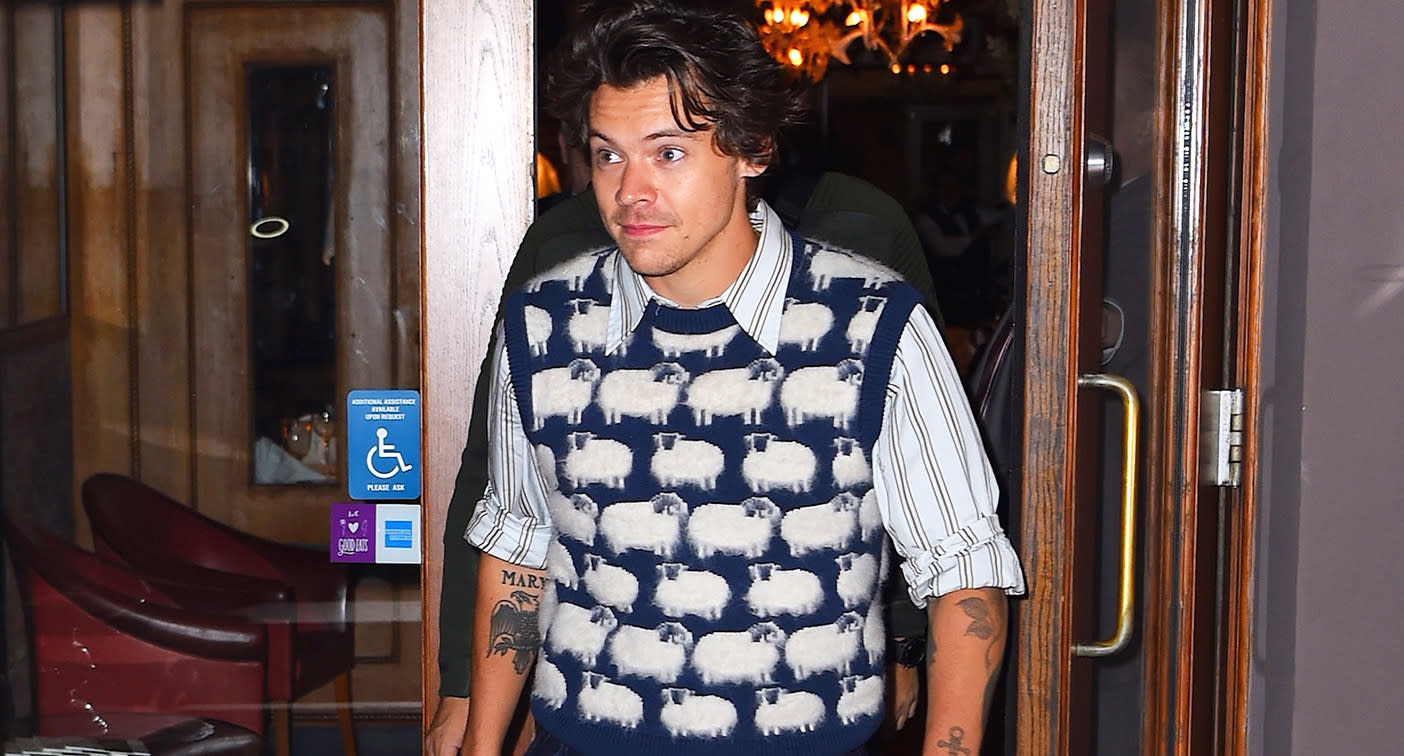 Harry Styles fans go wild for his knitted sheep vest – 'It is all I've ever needed' - Yahoo Style