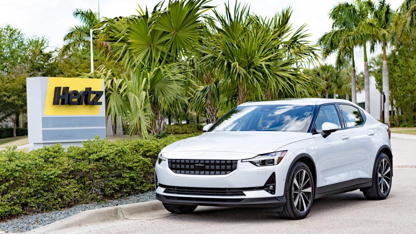 Polestar 2 EV in front of Hertz logo