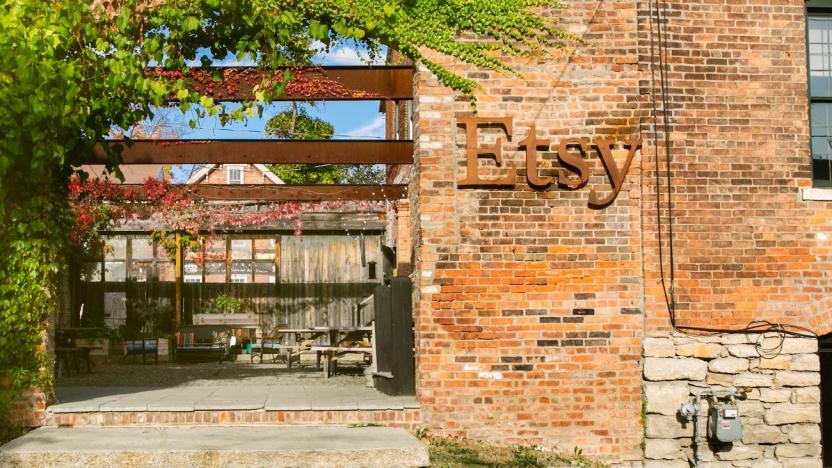 Entrance to Etsy offices with brick wall and stone stairs. 
