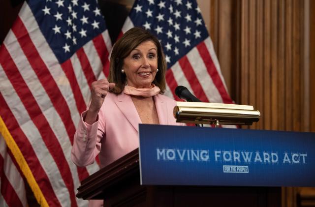 US House Speaker Nancy Pelosi speaks during the unveiling of the Moving Forward Act, legislation to rebuild the country's infrastructure, at the US Capitol in Washington, DC, on June 18, 2020. (Photo by NICHOLAS KAMM / AFP) (Photo by NICHOLAS KAMM/AFP via Getty Images)